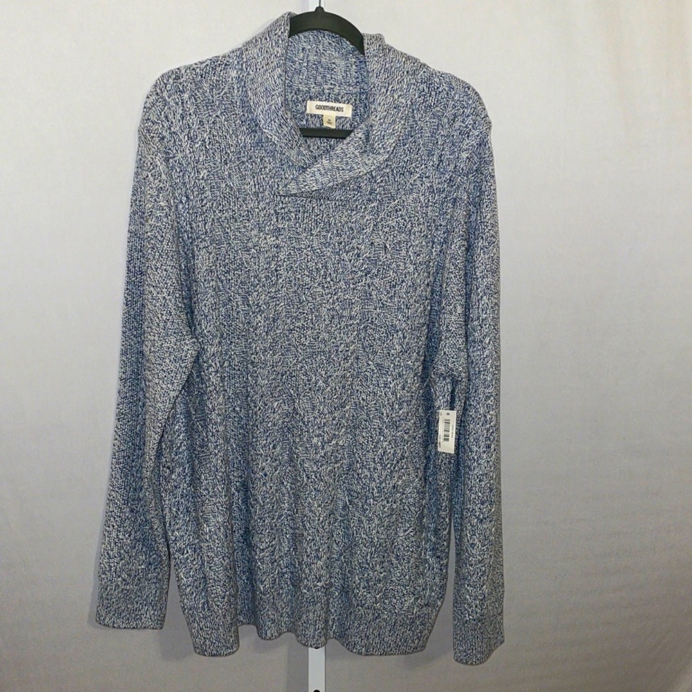 GoodThreads Shawl Neck Sweater XL Blue & White Heathering NWT